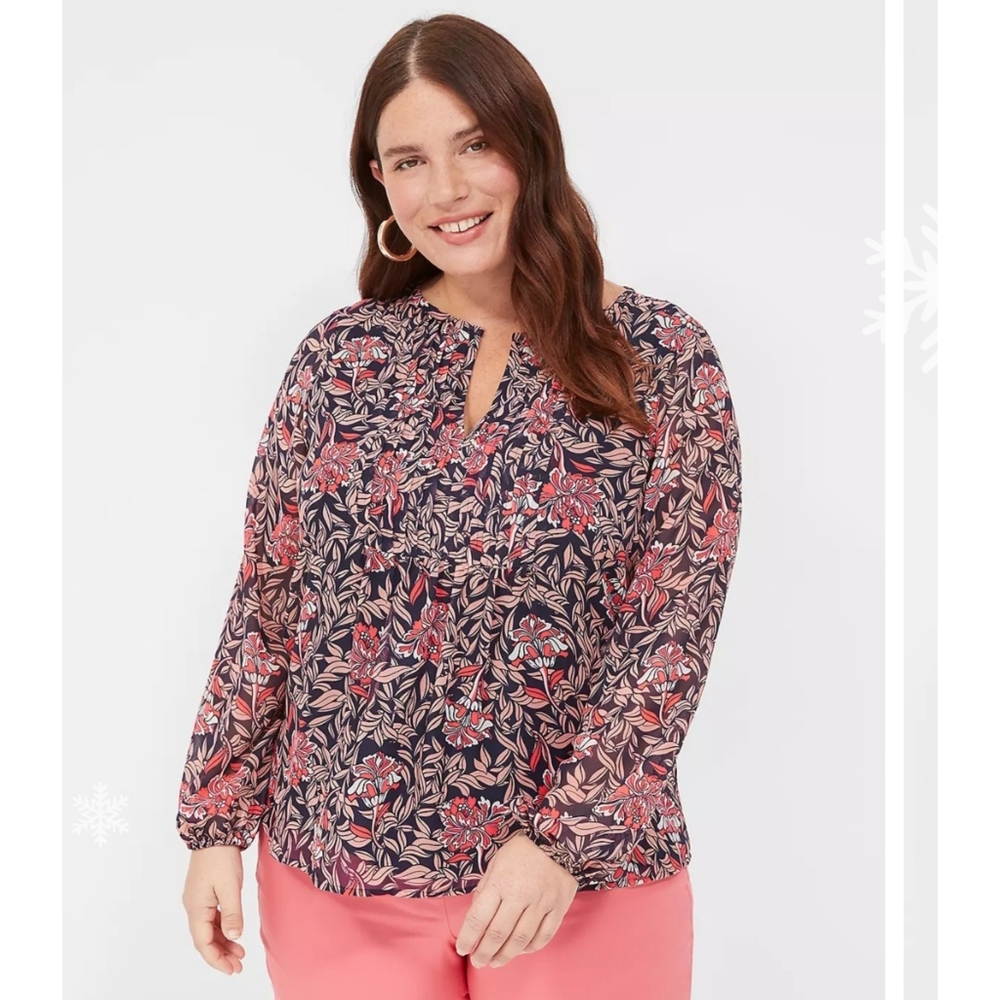 Lane Bryant Pin Tuck Split Crewneck Floral Blouse